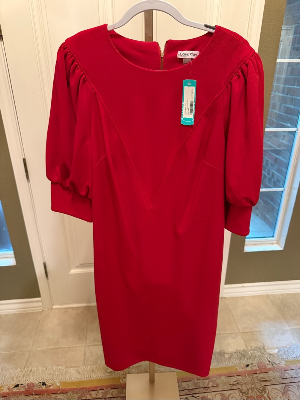 Calvin Klein Vibrant Red Midi Dress with Puff Sleeves